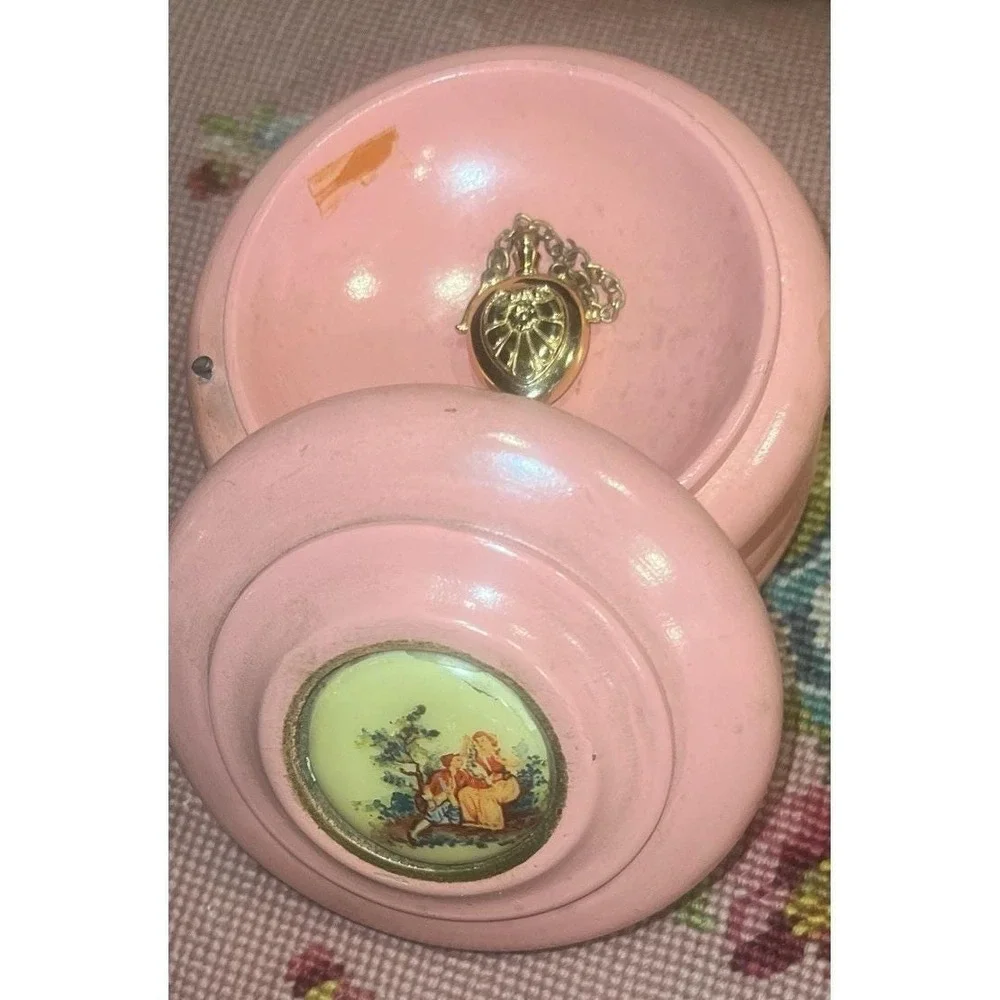 VTG Pink Musical Trinket Box Boudoir Vanity Courting Couple Japan Wind Up Decor
